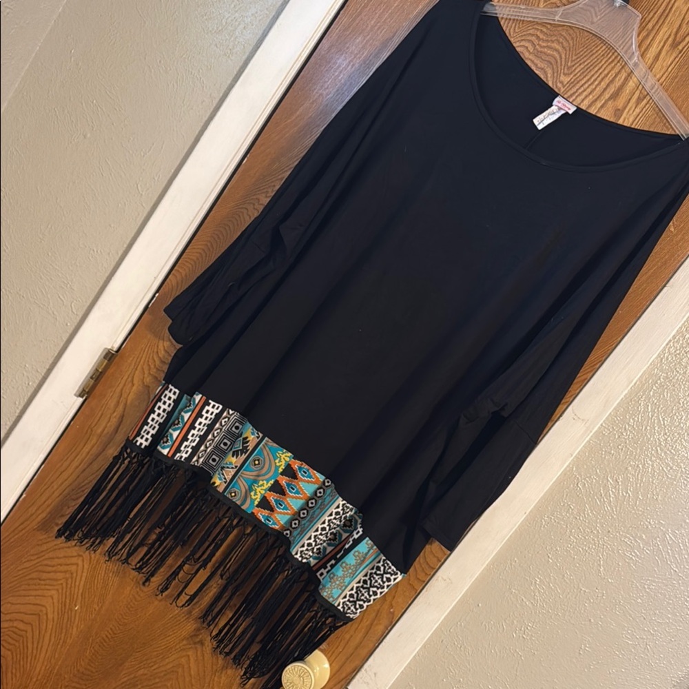 Black Fringe Hem Top with Multicolor Pattern